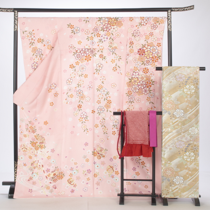 振袖フルセット　桃（ピンク）153㎝～170㎝目安　73-1170 振袖 レンタル フルセット ピンク 花柄 桜 シンプル 適応身長