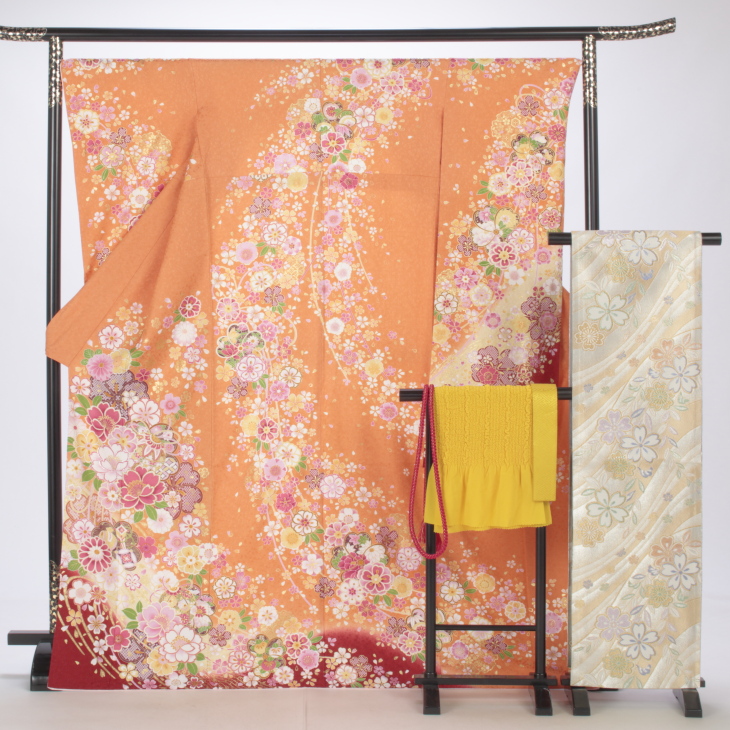 f0518230r】【ピンク・オレンジ系】振袖 レンタル フルセット Lサイズ