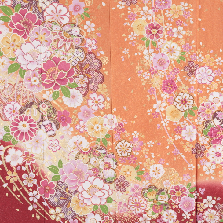 f0518230r】【ピンク・オレンジ系】振袖 レンタル フルセット Lサイズ