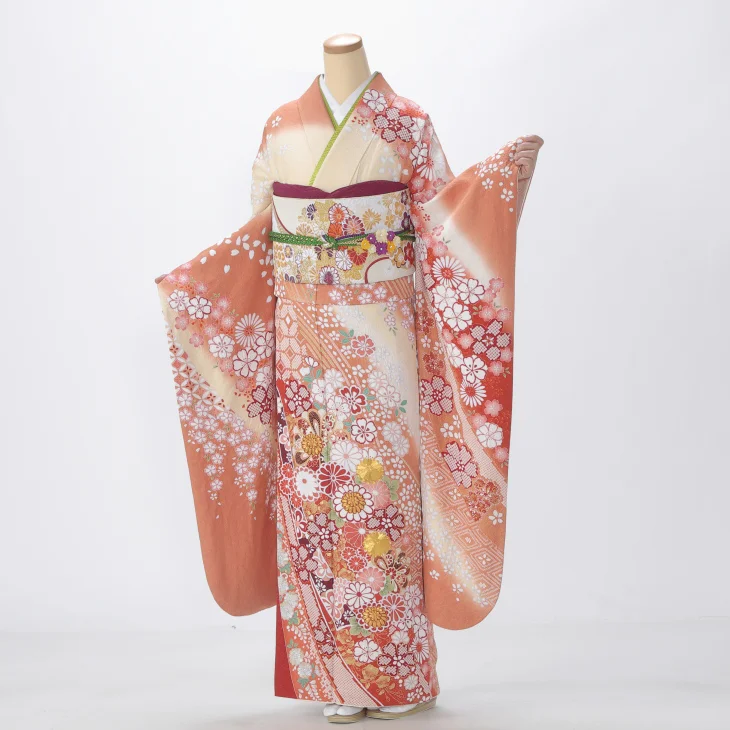 f1121019r】【ピンク・オレンジ系】振袖 レンタル フルセット Lサイズ