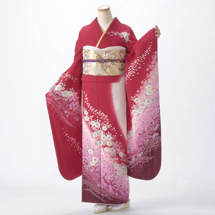 f0313048r】【赤・ワイン系】振袖 レンタル フルセット Lサイズ 【状態