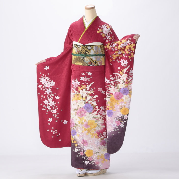 f0315169】【赤・ワイン系】振袖 販売 フルセット Lサイズ 【中古