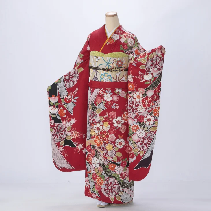 振袖 購入 フルセット Mサイズ 成人式 着物 【赤・ワイン系】【中古】【状態:A】【f0516217】