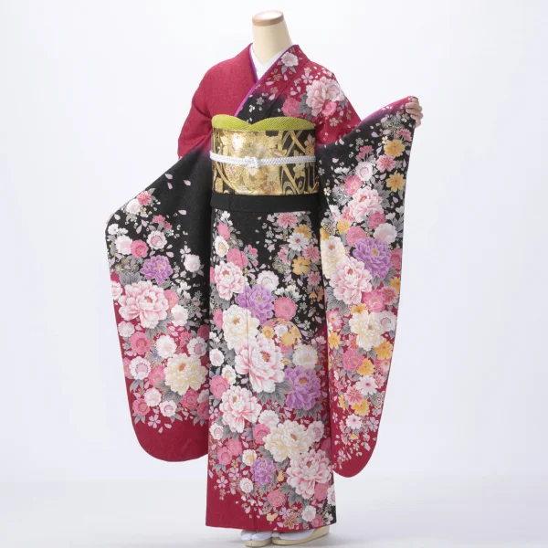 f0519232r】【赤・ワイン系】振袖 レンタル フルセット Lサイズ 【状態