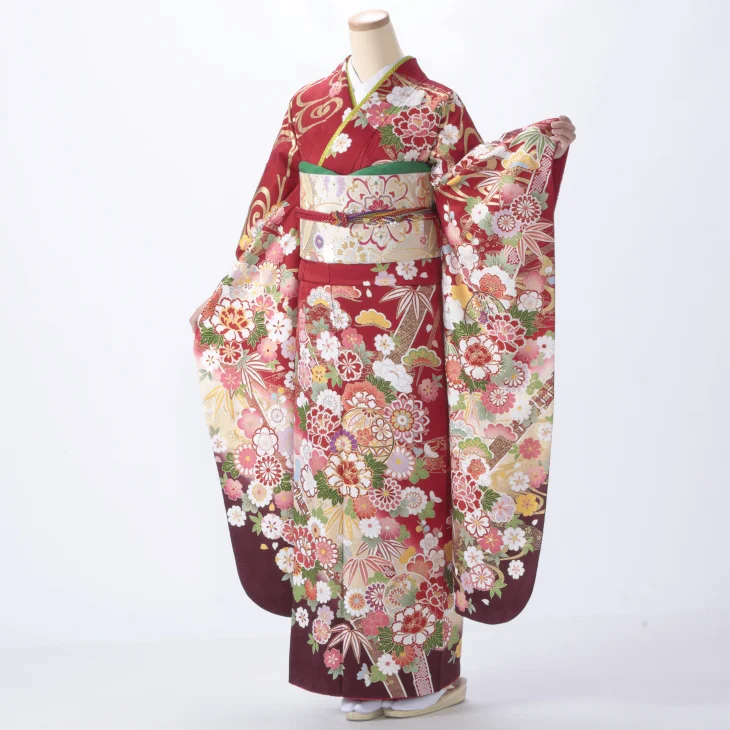 振袖 購入 フルセット Lサイズ 成人式 着物 【赤・ワイン系】【中古】【状態:A】【f0520268】