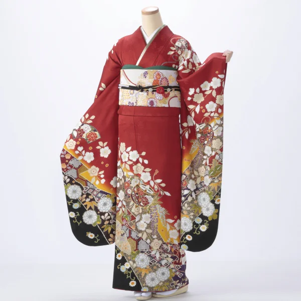 f0521371r2】【赤・ワイン系】振袖 レンタル フルセット Mサイズ