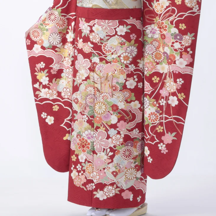 f0618114r】【赤・ワイン系】振袖 レンタル フルセット Lサイズ 【状態
