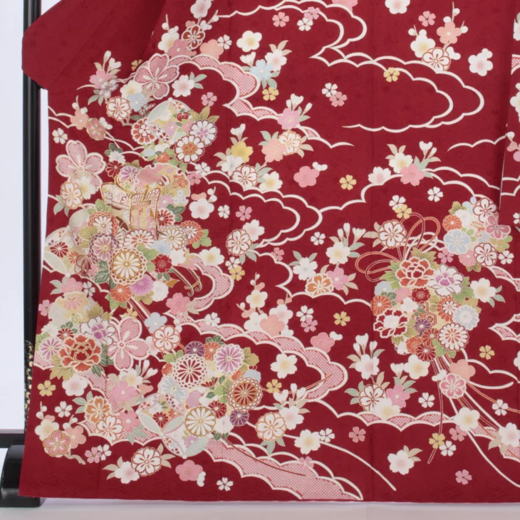 f0618114r】【赤・ワイン系】振袖 レンタル フルセット Lサイズ 【状態