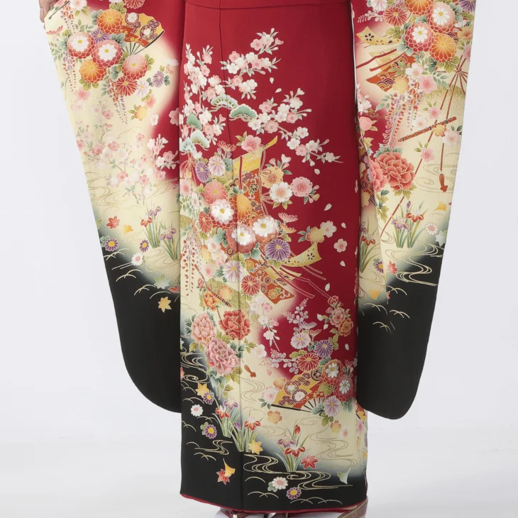 f0718140r】【赤・ワイン系】振袖 レンタル フルセット Lサイズ 【状態