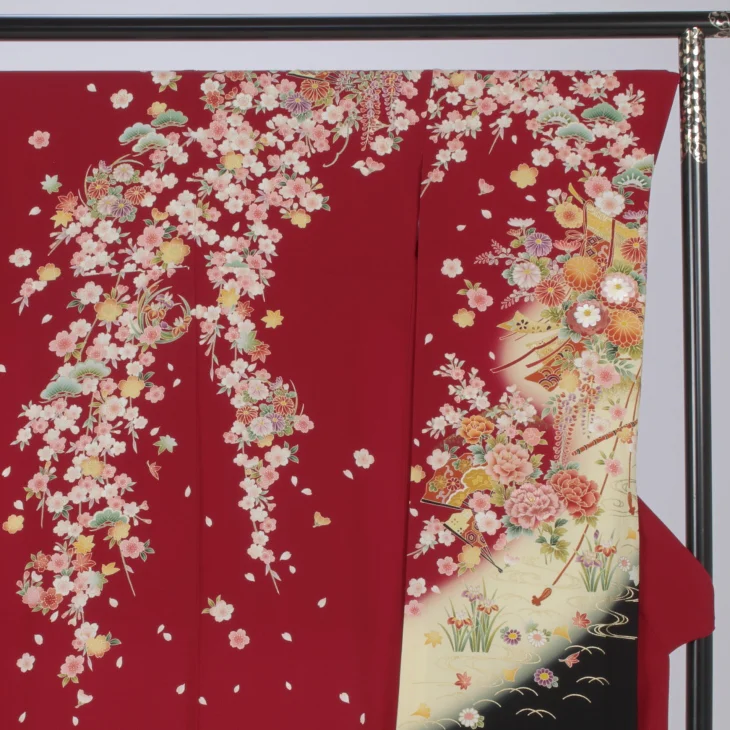 f0718140r】【赤・ワイン系】振袖 レンタル フルセット Lサイズ 【状態