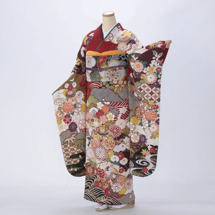 振袖 購入 フルセット Mサイズ 成人式 着物 【赤・ワイン系】【中古】【状態:A】【f0720019】