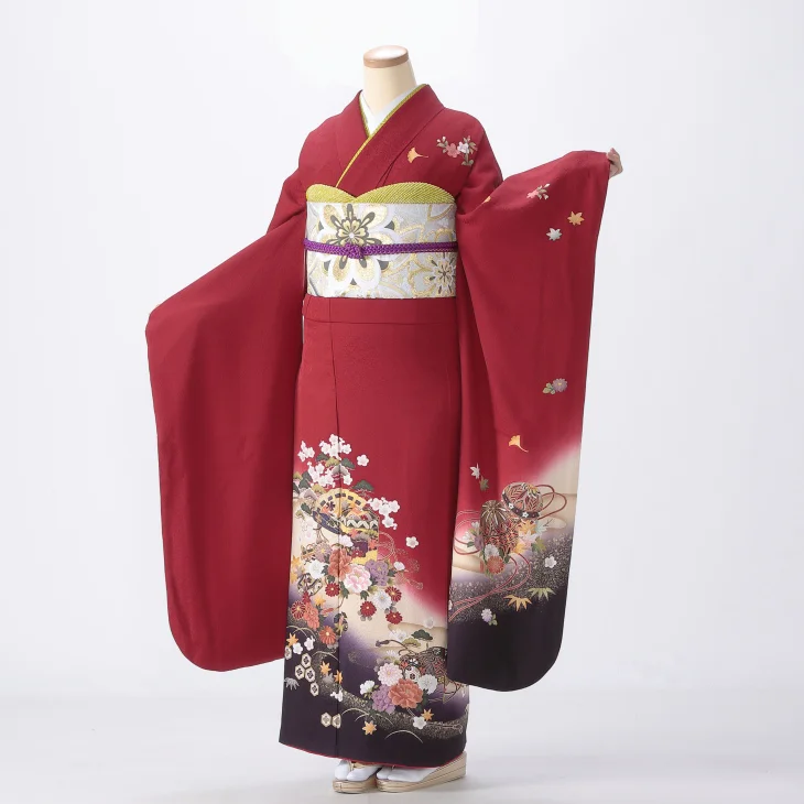 f0722322r2】【赤・ワイン系】振袖 レンタル フルセット Lサイズ 成人