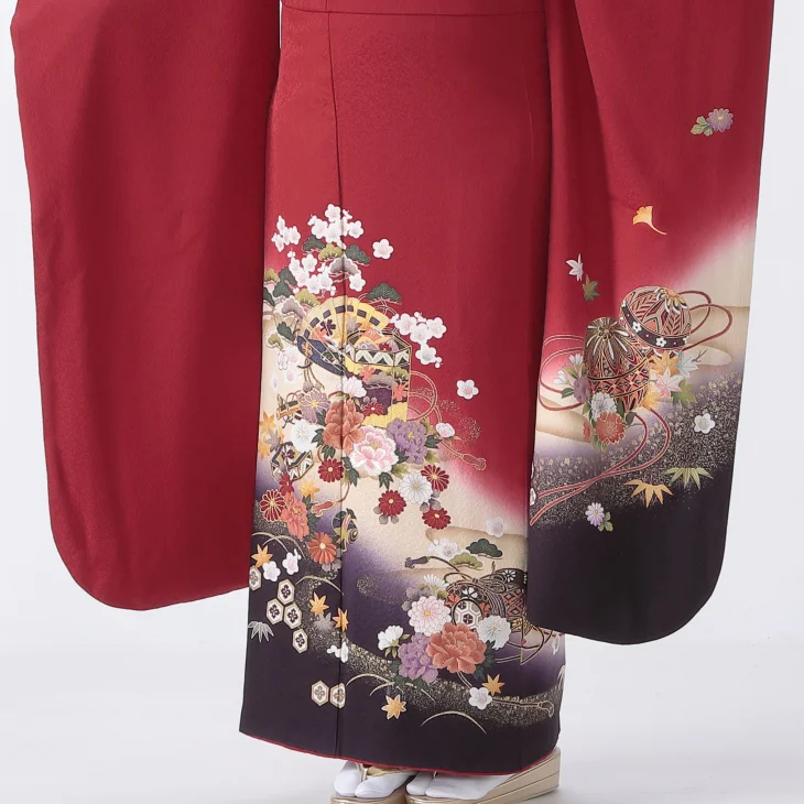 f0722322r】【赤・ワイン系】振袖 レンタル フルセット Lサイズ 【状態