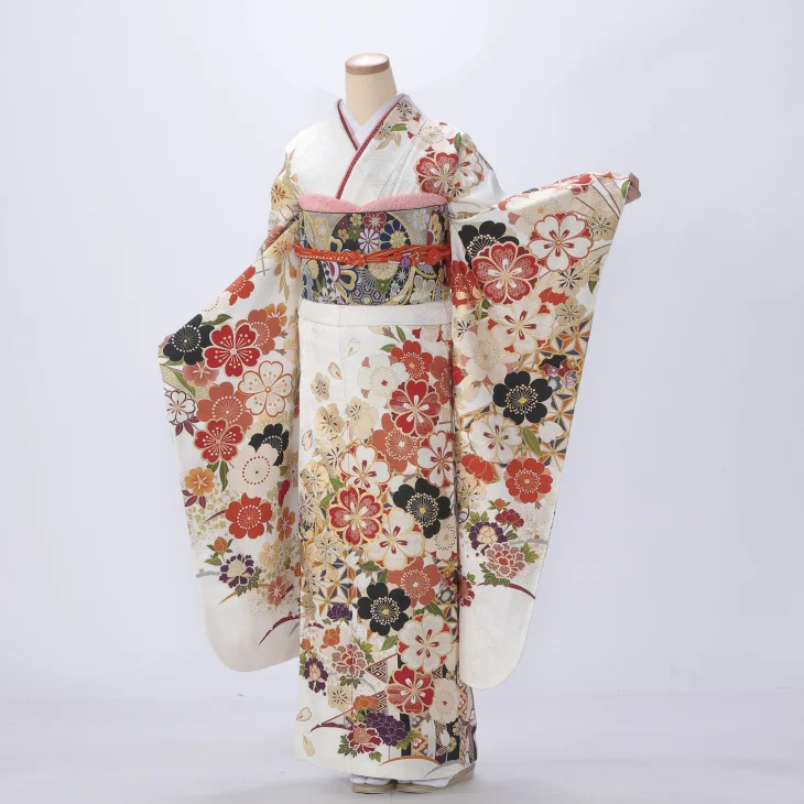 【成人式】振袖 レンタル フルセット Lサイズ 着物 【白・グレー系】【f0722408r2】