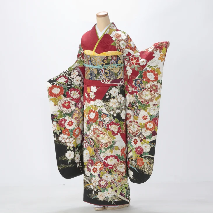 振袖 購入 フルセット Lサイズ 成人式 着物 【赤・ワイン系】【中古】【状態:A】【f0723155】