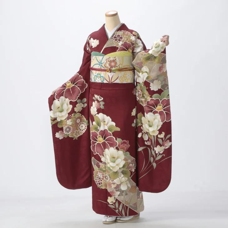 振袖 購入 フルセット Lサイズ 成人式 着物 【赤・ワイン系】【中古】【状態:S】【f0724281】