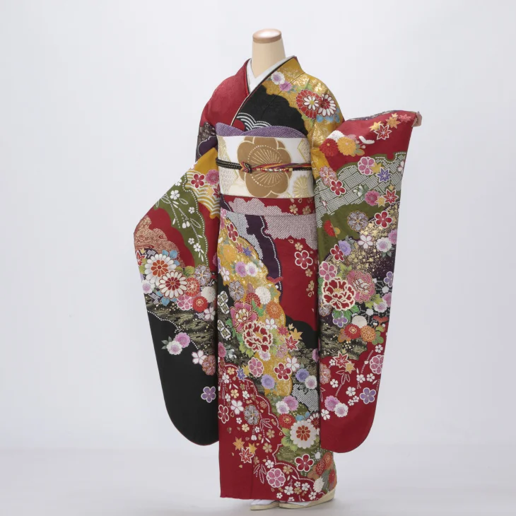 振袖 購入 フルセット Lサイズ 成人式 着物 【赤・ワイン系】【中古】【状態:A】【f0817070】