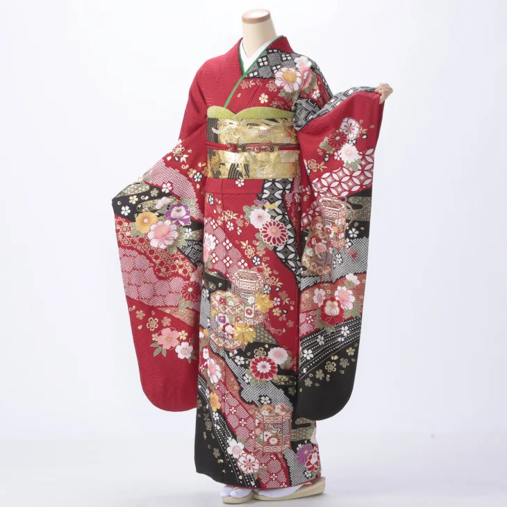 f0819008r】【赤・ワイン系】振袖 レンタル フルセット Mサイズ 【状態