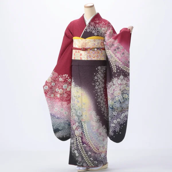 f0918012r】【赤・ワイン系】振袖 レンタル フルセット Mサイズ 【状態