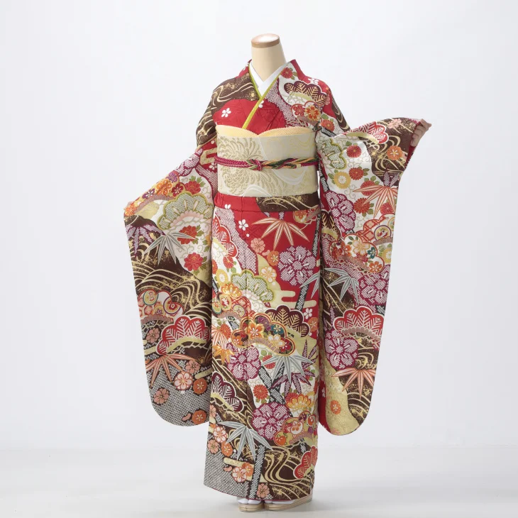 振袖 購入 フルセット Mサイズ 成人式 着物 【赤・ワイン系】【中古】【状態:S】【f0924008】