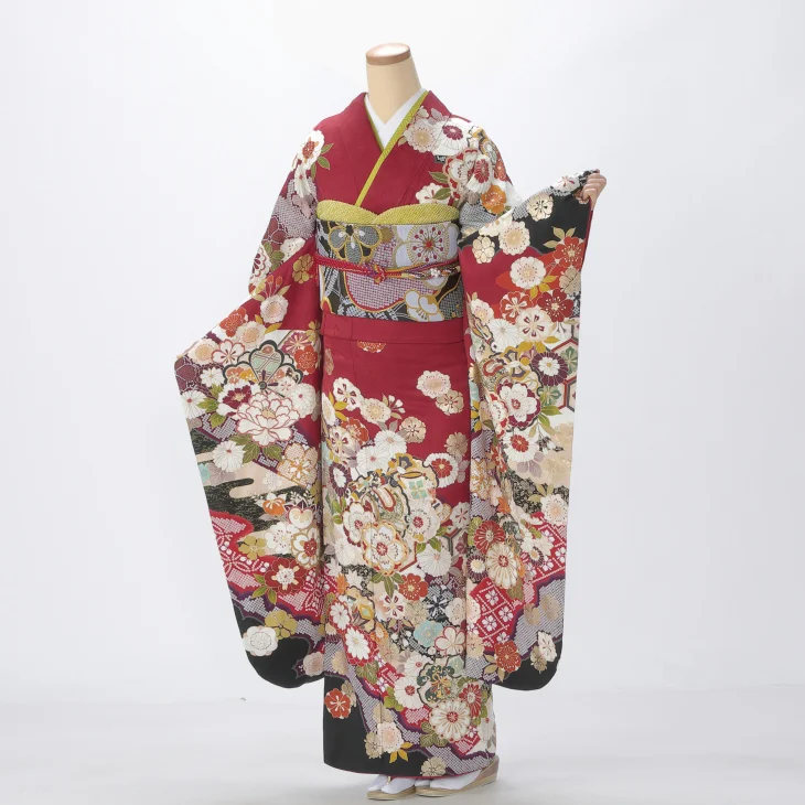 振袖 購入 フルセット Mサイズ 成人式 着物 【赤・ワイン系】【中古】【状態:S】【f0925038】