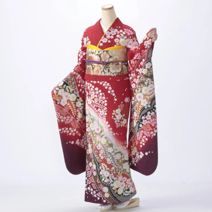 f1020012r】【赤・ワイン系】振袖 レンタル フルセット Mサイズ 【状態
