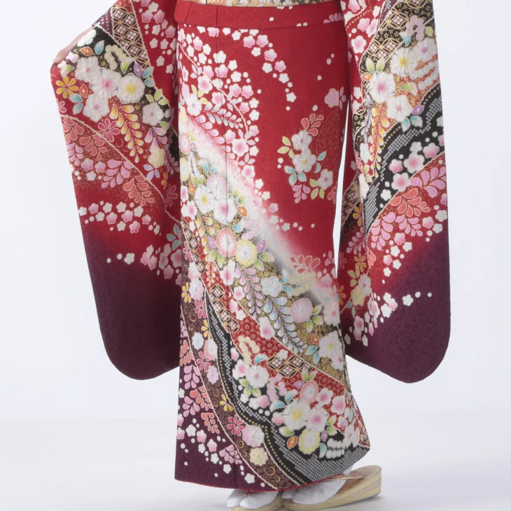 f1020012r】【赤・ワイン系】振袖 レンタル フルセット Mサイズ 【状態