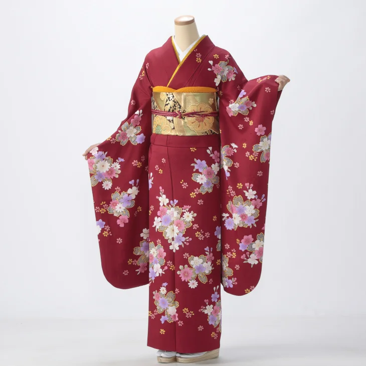 f8024066r】【赤・ワイン系】振袖 レンタル フルセット Sサイズ ほぼ