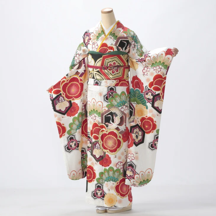 f0521492r】【白・グレー系】振袖 レンタル フルセット Lサイズ 【状態