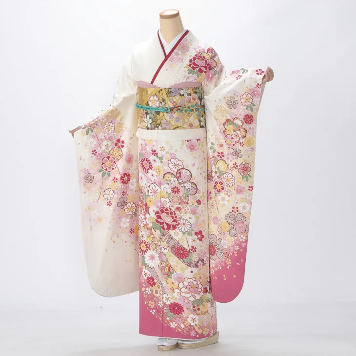 振袖 購入 フルセット Lサイズ 成人式 着物 【白・グレー系】【中古】【状態:A】【f0522184】