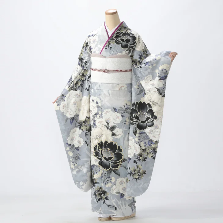 振袖 購入 フルセット Lサイズ 成人式 着物 【白・グレー系】【中古】【状態:S】【f0525355】