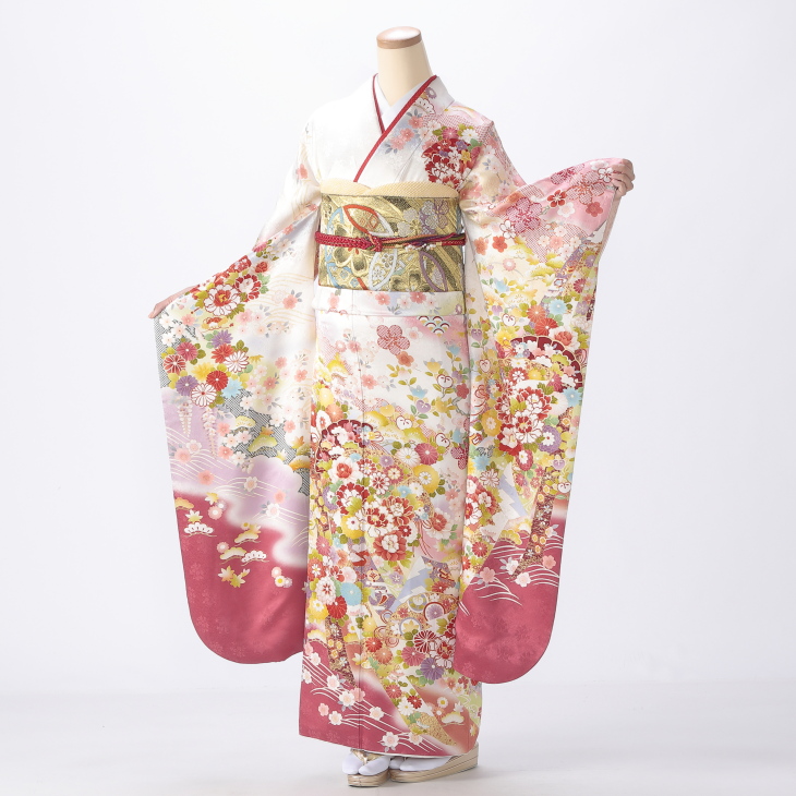 振袖フルセット6点サイズS〜M送料込み12800円桜金駒刺繍西陣泊袋帯　美品 振袖セット 振袖フルセット 正絹 駒刺繍 流水鳳凰文 暈し染め