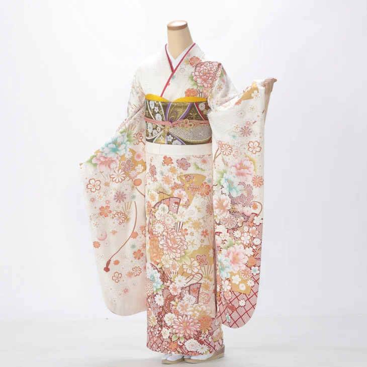 振袖 購入 フルセット Lサイズ 成人式 着物 【白・グレー系】【中古】【状態:A】【f0621014】