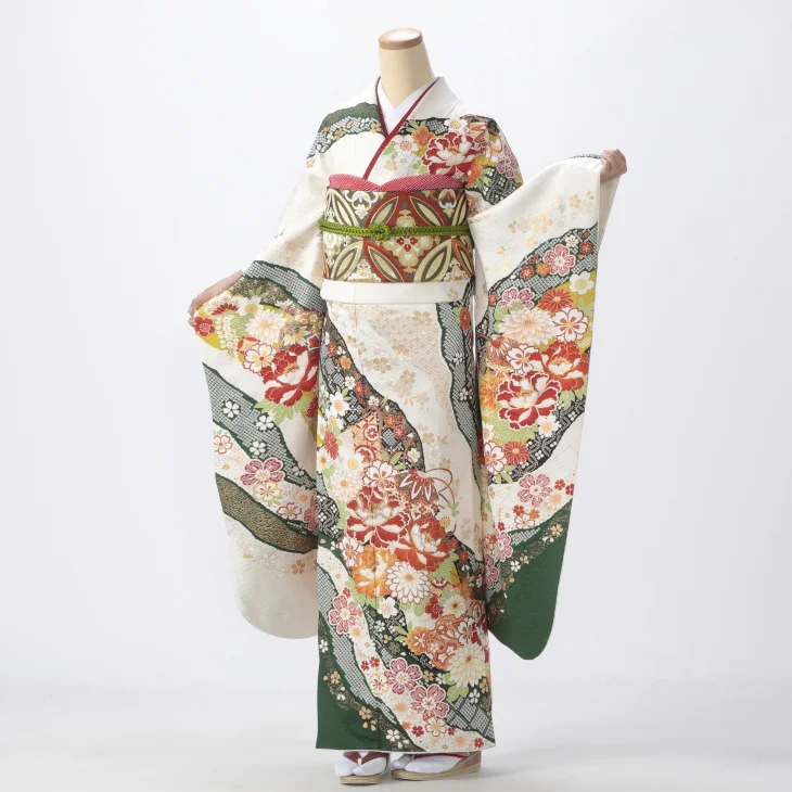 f0721364】【白・グレー系】振袖 販売 フルセット Mサイズ 【中古