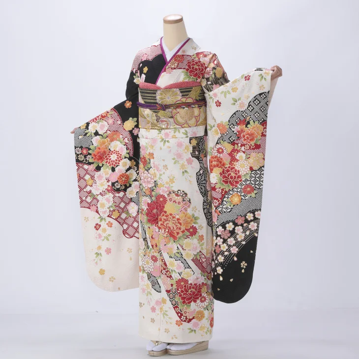 振袖 購入 フルセット Lサイズ 成人式 着物 【白・グレー系】【中古】【状態:A】【f0721365】