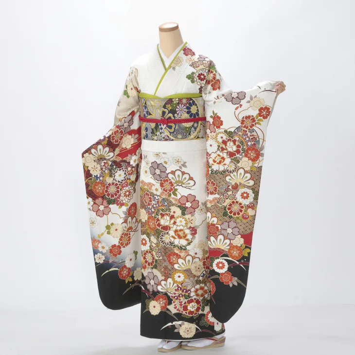 振袖 購入 フルセット Lサイズ 成人式 着物 【白・グレー系】【中古】【状態:A】【f0722047】