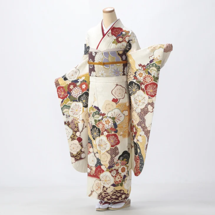 振袖 購入 フルセット Mサイズ 成人式 着物 【白・グレー系】【中古】【状態:S】【f0723225】