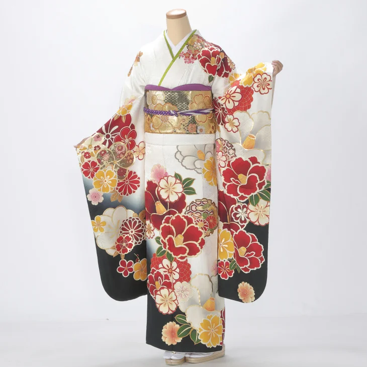 振袖 購入 フルセット Mサイズ 成人式 着物 【白・グレー系】【中古】【状態:A】【f0723235】
