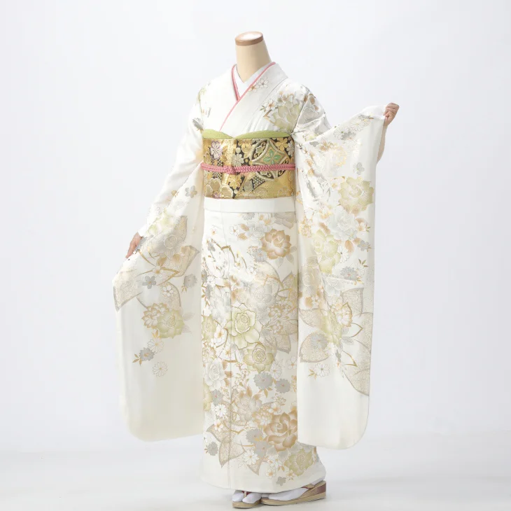 振袖 購入 フルセット Lサイズ 成人式 着物 【白・グレー系】【中古】【状態:S】【f0724375】