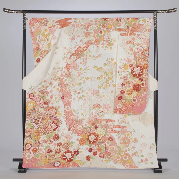 f0724414r】【白・グレー系】振袖 レンタル フルセット Mサイズ 【状態