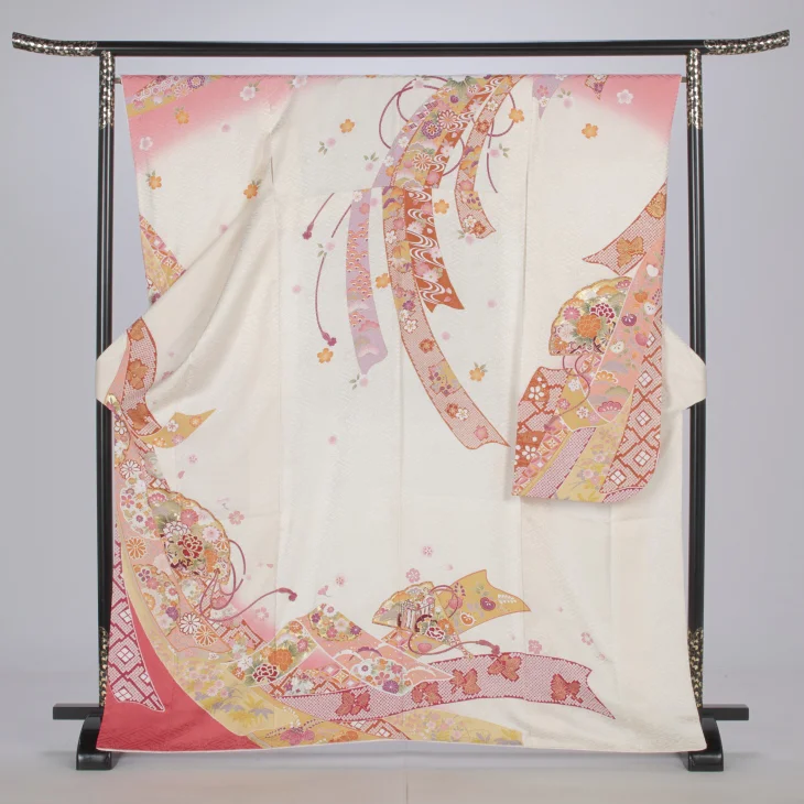 f0816001r】【白・グレー系】振袖 レンタル フルセット Mサイズ 【状態