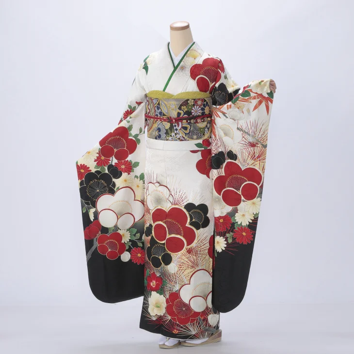 【成人式】振袖 レンタル フルセット Lサイズ 着物 【白・グレー系】【f0922182r2】