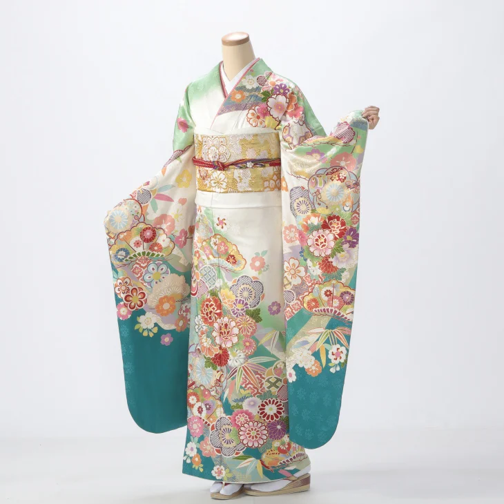 振袖 購入 フルセット Lサイズ 成人式 着物 【白・グレー系】【中古】【状態:S】【f0922205】