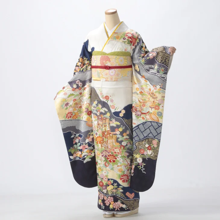 f1122018】【白・グレー系】振袖 販売 フルセット Lサイズ 【中古