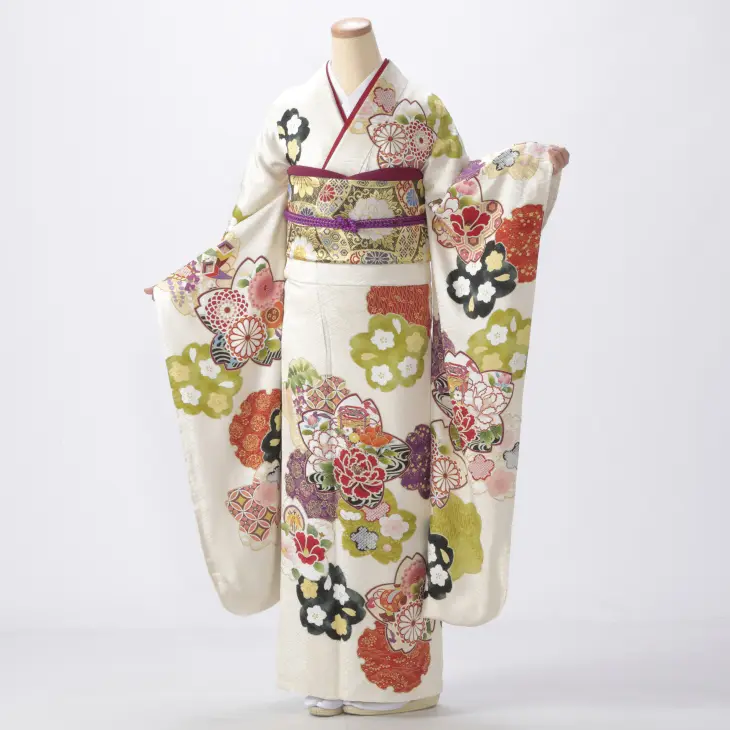 振袖 購入 フルセット LLサイズ ほぼ新品 成人式 着物 【白・グレー系】【中古】【状態:S】【f8024104】