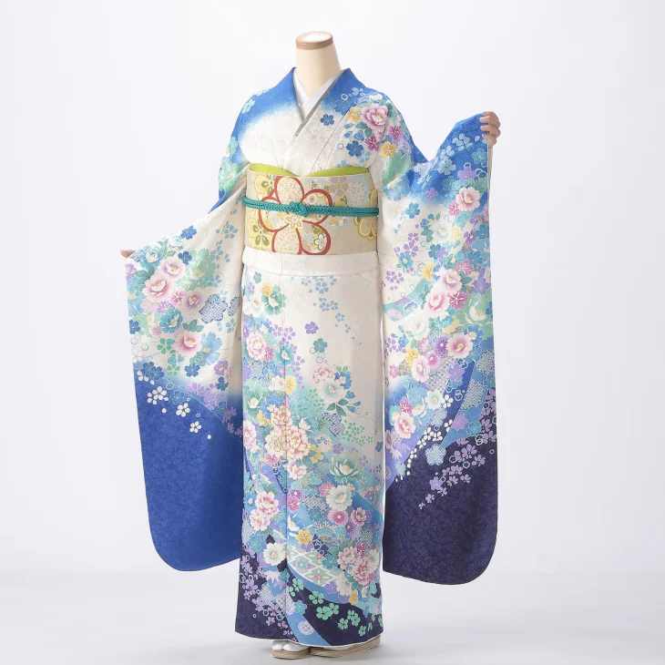 京都きもの友禅　振袖　フルセット　成人式 No.290 【新品/京友禅】爽やかな水色に金彩やくすみカラーの花々が配