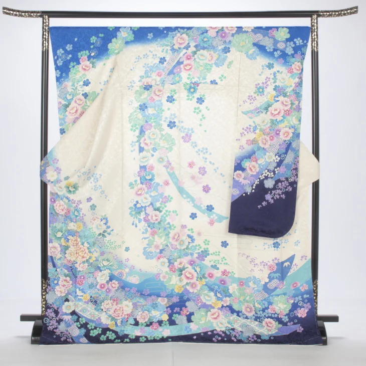 f8025008r】【白・グレー系】振袖 レンタル フルセット Lサイズ ほぼ