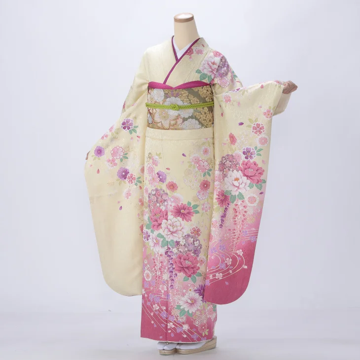 お振袖 クリームイエロー　Lサイズ　正絹　美品 振袖 セット 未仕立て 仮絵羽 黄 イエロー 菊 梅 竹笹 花 正絹 西陣織