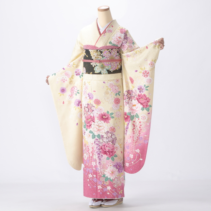 成人式　振袖フルセット　◎着付小物付き　クリーム色　黄色　オレンジ　小柄 f0523255.JPG