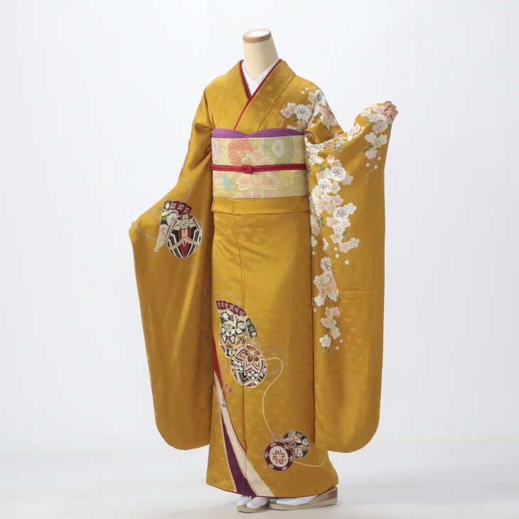 f0424033r】【からし・黄系】振袖 レンタル フルセット Lサイズ 【状態